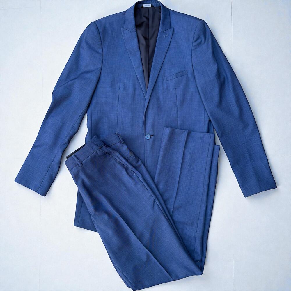 Seven/26 2 Piece Suit Blue‎ Super 130s Wool 40XL Jacket 34R Pants Peak Lapel